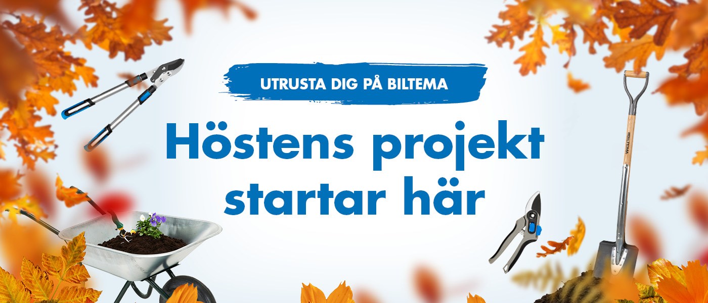 Höstlöv och trädgårdsverktyg kring texten ”Höstens projekt startar här”