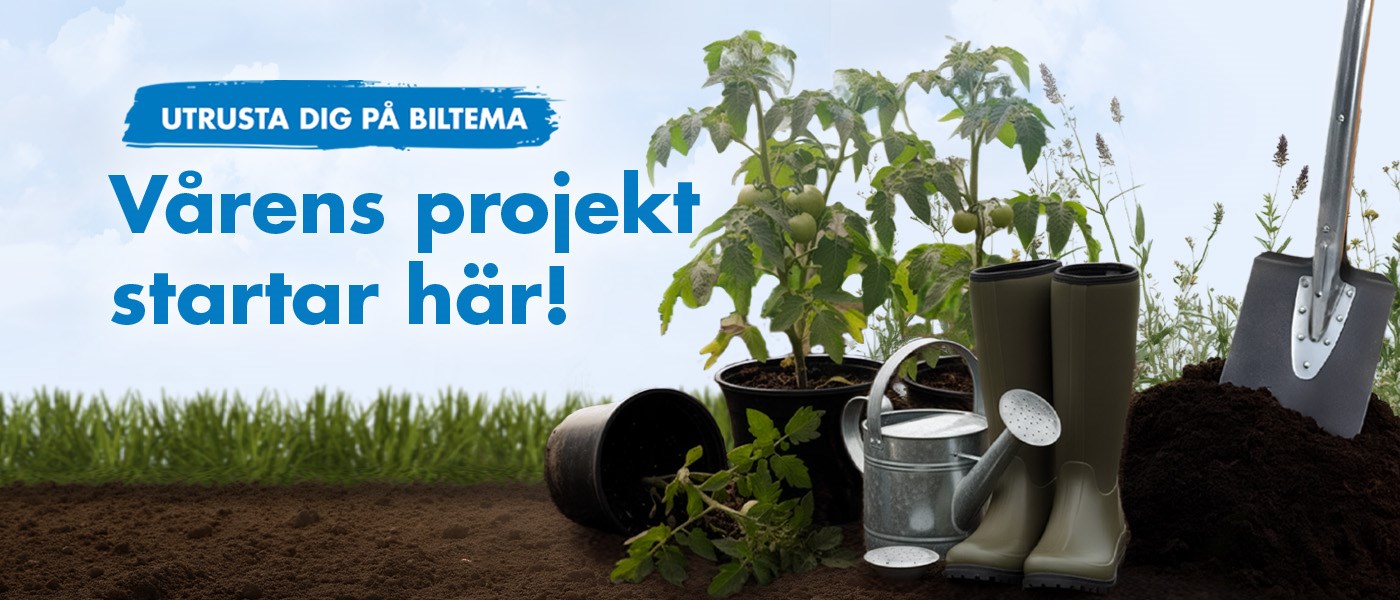 En inspirerande vårbild från Biltema som visar trädgårdsredskap som spade, vattenkanna, gummistövlar och planteringsverktyg i jord. Texten i bilden lyder ”Vårens projekt startar här!” under rubriken ”Utrusta dig på Biltema”.