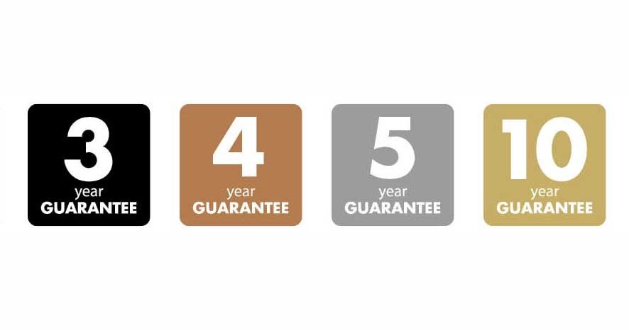 Ikoner för 3, 4, 5 och 10 års garanti på vit bakgrund